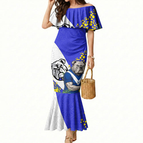 Canterbury Bankstown Bulldogs Mermaid Dress Golden Wattle Floral Polynesian - Australian Flower - Rugby Mascot