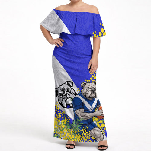 Canterbury Bankstown Bulldogs Off Shoulder Maxi Dress Golden Wattle Floral Polynesian - Australian Flower - Rugby Mascot