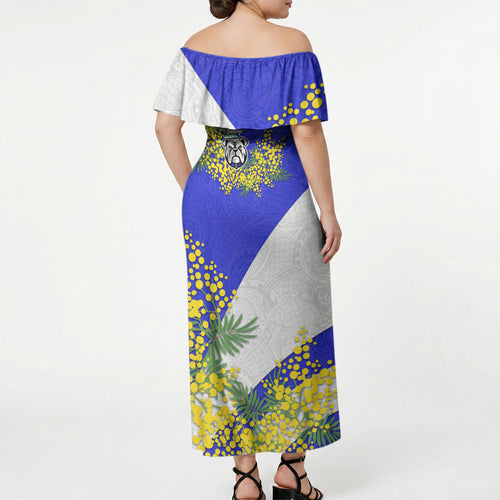 Canterbury Bankstown Bulldogs Off Shoulder Maxi Dress Golden Wattle Floral Polynesian - Australian Flower - Rugby Mascot