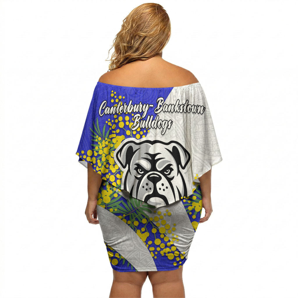 Canterbury Bankstown Bulldogs Off Shoulder Short Dress Golden Wattle Floral Polynesian - Australian Flower - Rugby Mascot
