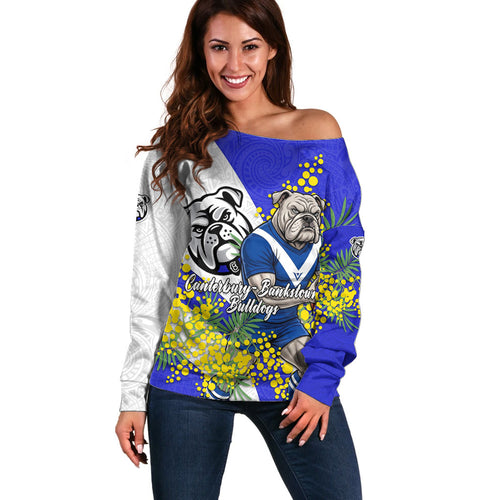 Canterbury Bankstown Bulldogs Off Shoulder Sweater Golden Wattle Floral Polynesian - Australian Flower - Rugby Mascot