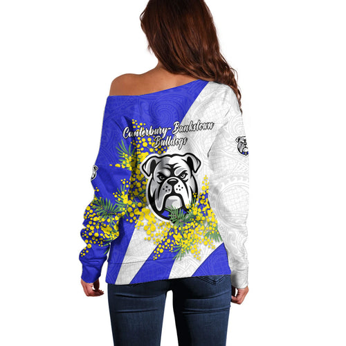 Canterbury Bankstown Bulldogs Off Shoulder Sweater Golden Wattle Floral Polynesian - Australian Flower - Rugby Mascot