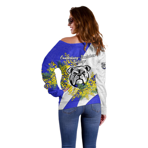 Canterbury Bankstown Bulldogs Off Shoulder Sweater Golden Wattle Floral Polynesian - Australian Flower - Rugby Mascot