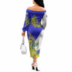 Canterbury Bankstown Bulldogs Off The Shoulder Long Sleeve Dress Golden Wattle Floral Polynesian - Australian Flower - Rugby Mascot