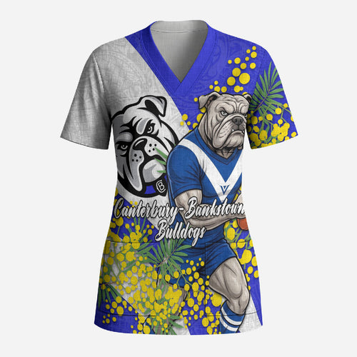 Canterbury Bankstown Bulldogs Scrub Top Golden Wattle Floral Polynesian - Australian Flower - Rugby Mascot