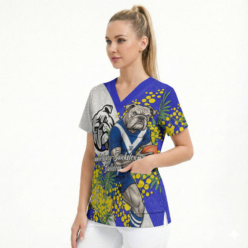Canterbury Bankstown Bulldogs Scrub Top Golden Wattle Floral Polynesian - Australian Flower - Rugby Mascot
