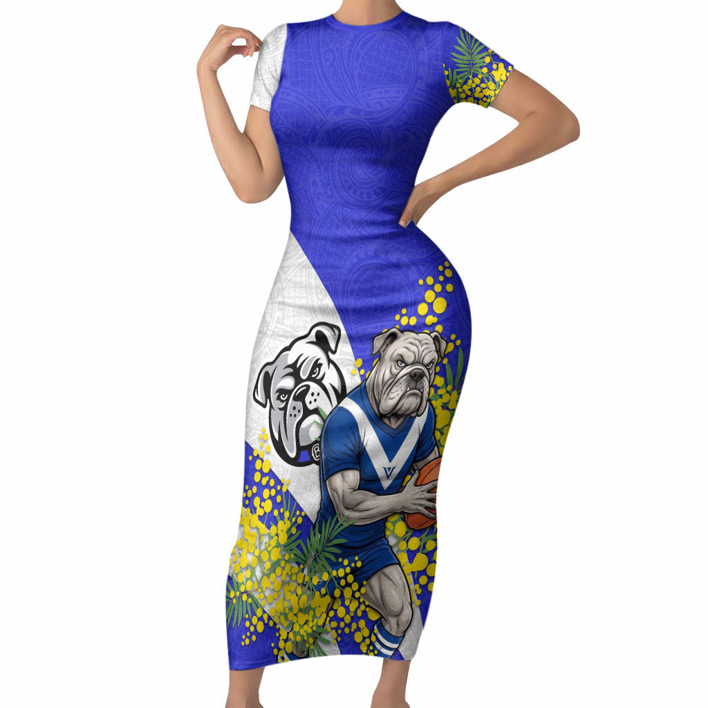 Canterbury Bankstown Bulldogs Short Sleeve Bodycon Dress Golden Wattle Floral Polynesian - Australian Flower - Rugby Mascot