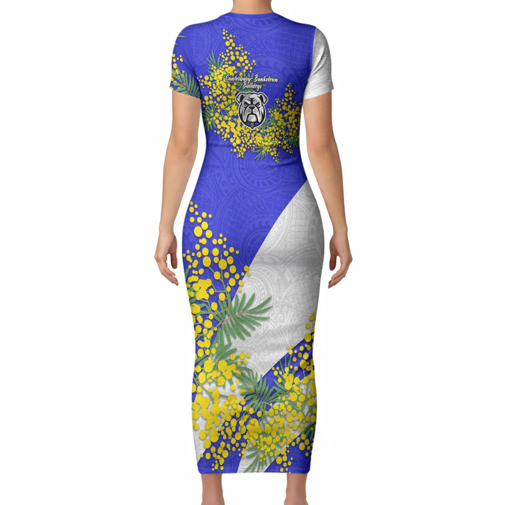 Canterbury Bankstown Bulldogs Short Sleeve Bodycon Dress Golden Wattle Floral Polynesian - Australian Flower - Rugby Mascot