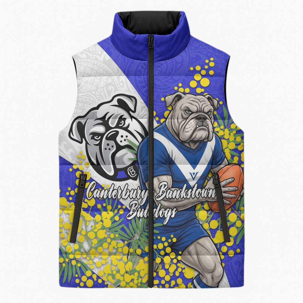 Canterbury Bankstown Bulldogs Sleeveless Puffer Jacket Golden Wattle Floral Polynesian - Australian Flower - Rugby Mascot