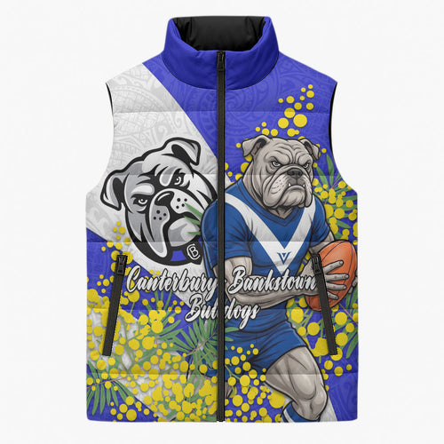 Canterbury Bankstown Bulldogs Sleeveless Puffer Jacket Golden Wattle Floral Polynesian - Australian Flower - Rugby Mascot