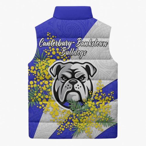 Canterbury Bankstown Bulldogs Sleeveless Puffer Jacket Golden Wattle Floral Polynesian - Australian Flower - Rugby Mascot