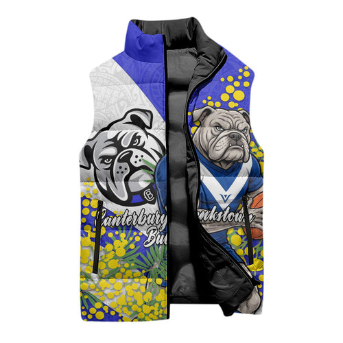 Canterbury Bankstown Bulldogs Sleeveless Puffer Jacket Golden Wattle Floral Polynesian - Australian Flower - Rugby Mascot
