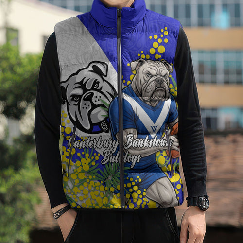 Canterbury Bankstown Bulldogs Sleeveless Puffer Jacket Golden Wattle Floral Polynesian - Australian Flower - Rugby Mascot