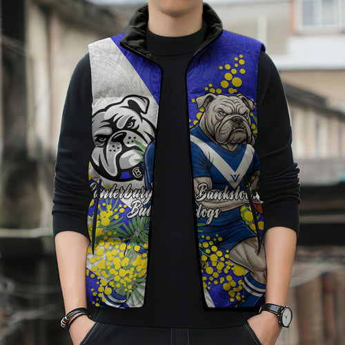 Canterbury Bankstown Bulldogs Sleeveless Puffer Jacket Golden Wattle Floral Polynesian - Australian Flower - Rugby Mascot