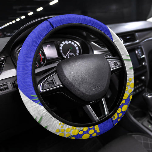 Canterbury Bankstown Bulldogs Steering Wheel Cover Golden Wattle Floral Polynesian - Australian Flower - Rugby Mascot