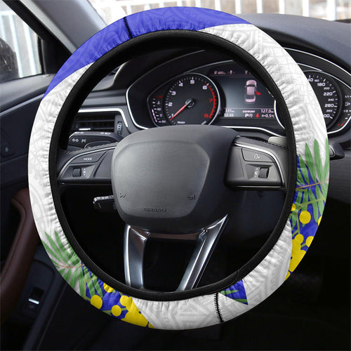 Canterbury Bankstown Bulldogs Steering Wheel Cover Golden Wattle Floral Polynesian - Australian Flower - Rugby Mascot
