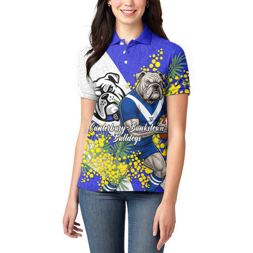Canterbury Bankstown Bulldogs Women Polo Shirt Golden Wattle Floral Polynesian - Australian Flower - Rugby Mascot