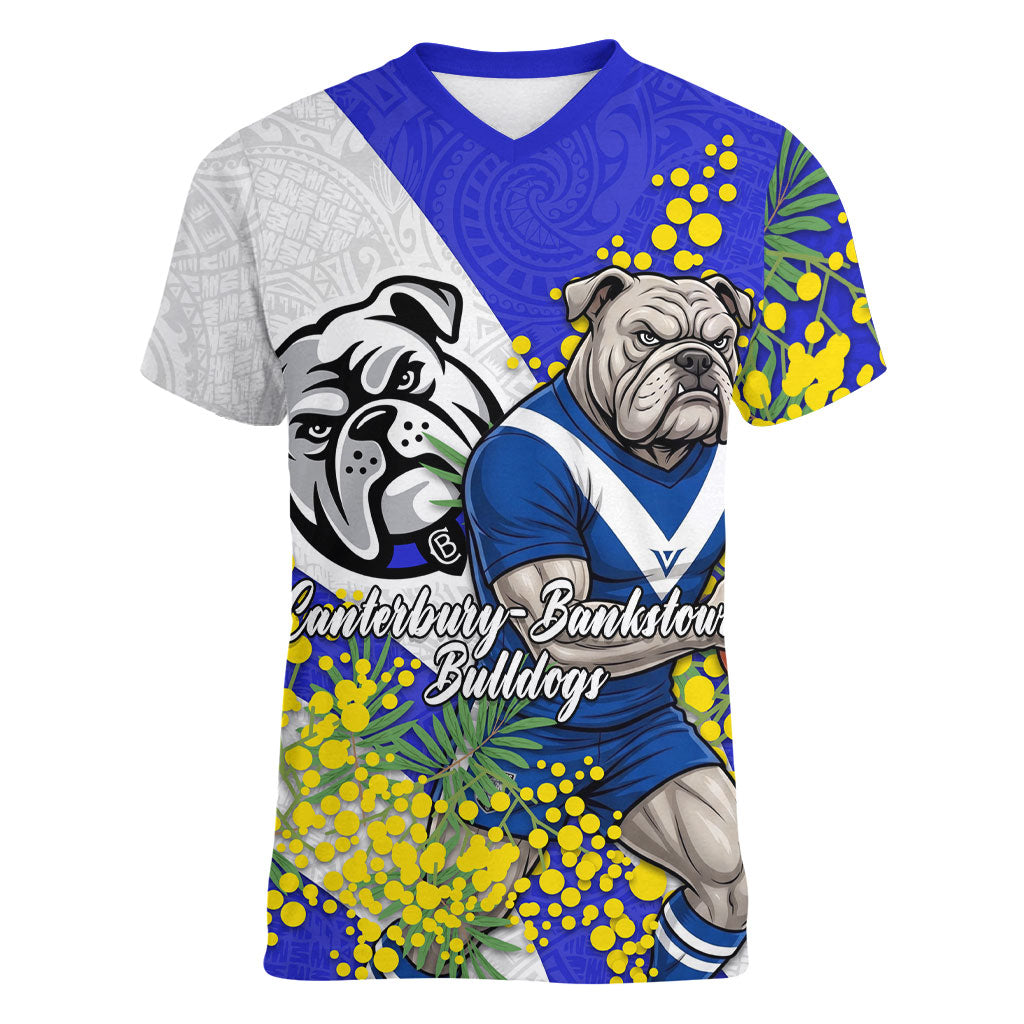 Canterbury Bankstown Bulldogs Women V-Neck T-Shirt Golden Wattle Floral Polynesian - Australian Flower - Rugby Mascot