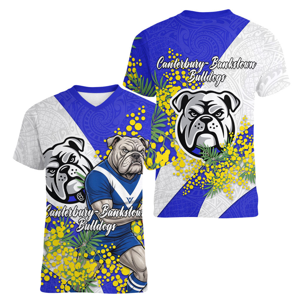 Canterbury Bankstown Bulldogs Women V-Neck T-Shirt Golden Wattle Floral Polynesian - Australian Flower - Rugby Mascot