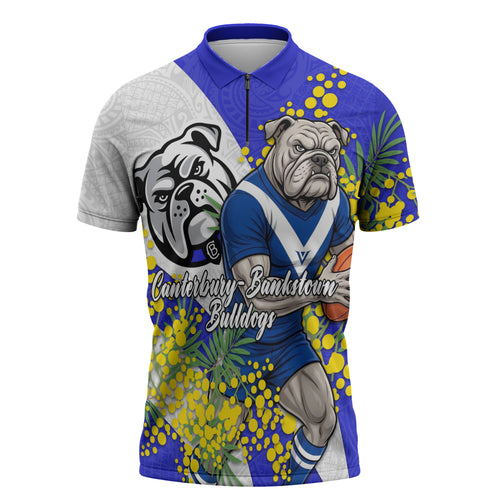 Canterbury Bankstown Bulldogs Zipper Polo Shirt Golden Wattle Floral Polynesian - Australian Flower - Rugby Mascot