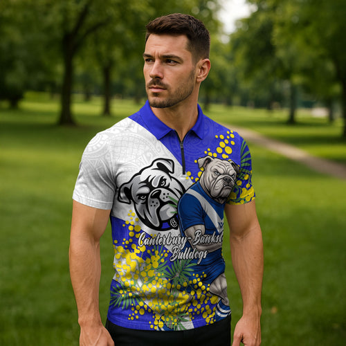 Canterbury Bankstown Bulldogs Zipper Polo Shirt Golden Wattle Floral Polynesian - Australian Flower - Rugby Mascot
