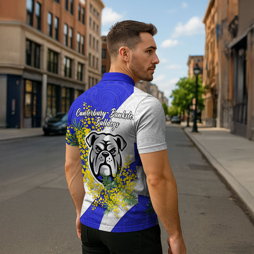 Canterbury Bankstown Bulldogs Zipper Polo Shirt Golden Wattle Floral Polynesian - Australian Flower - Rugby Mascot