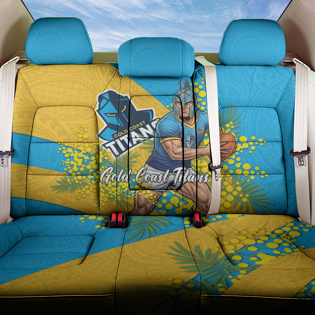 Gold Coast Titans Back Car Seat Cover Golden Wattle Floral Polynesian - Australian Flower - Rugby Mascot
