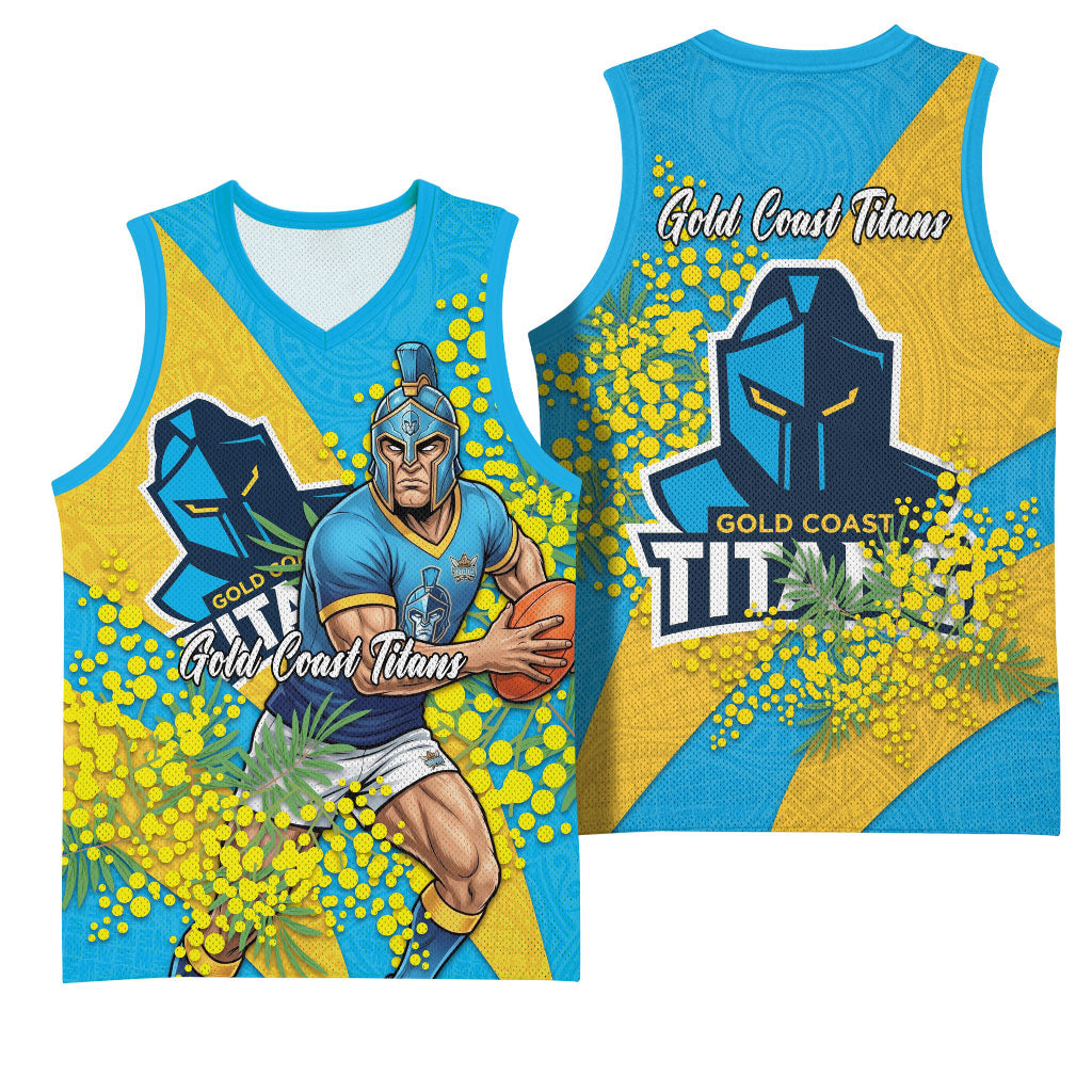 Gold Coast Titans Basketball Jersey Golden Wattle Floral Polynesian - Australian Flower - Rugby Mascot