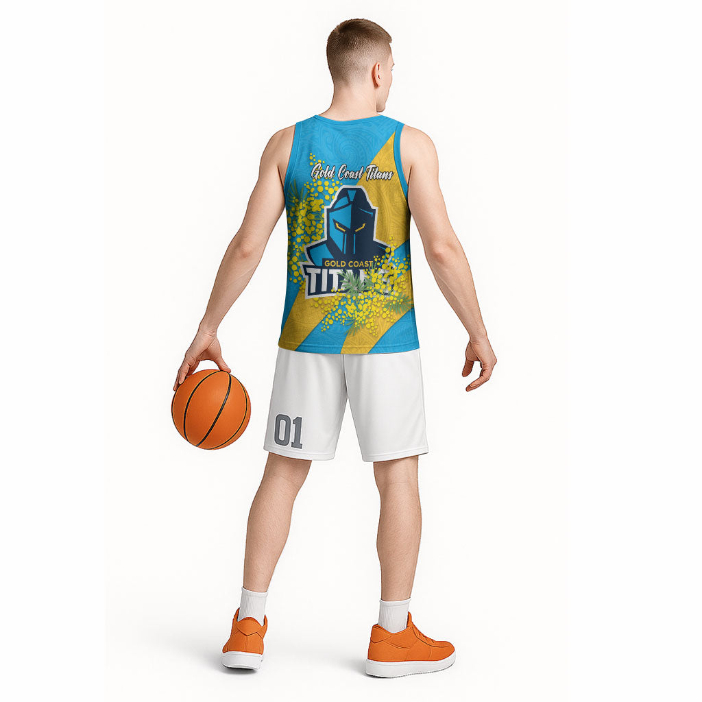 Gold Coast Titans Basketball Jersey Golden Wattle Floral Polynesian - Australian Flower - Rugby Mascot