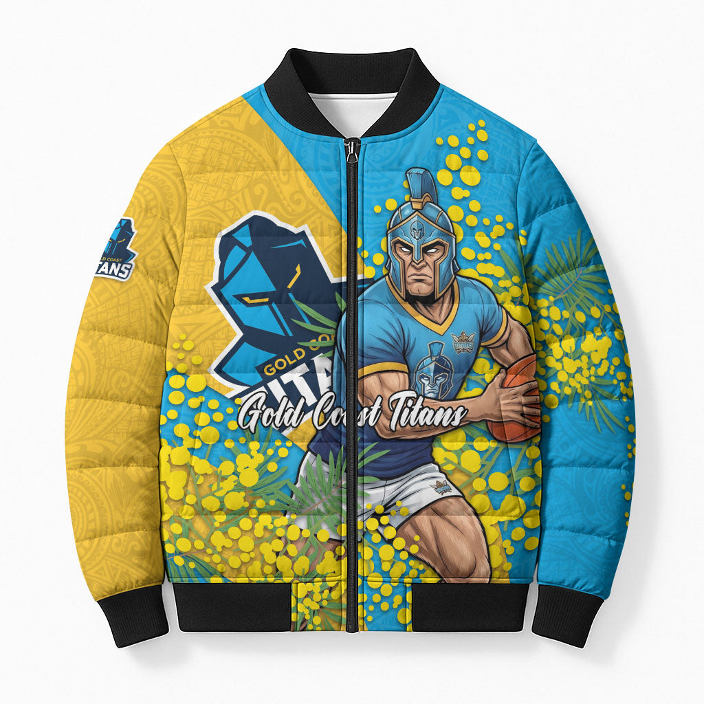 Gold Coast Titans Bomber Puffer Jacket Golden Wattle Floral Polynesian - Australian Flower - Rugby Mascot