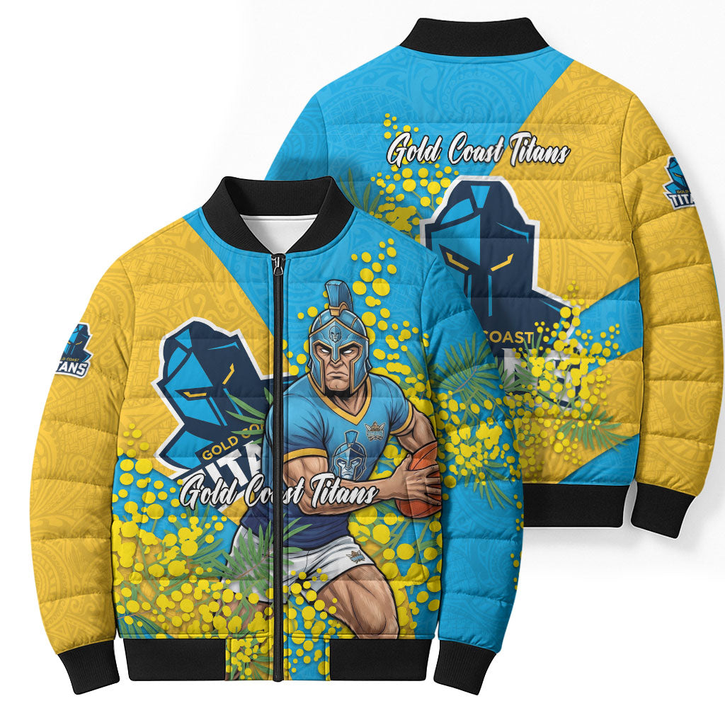 Gold Coast Titans Bomber Puffer Jacket Golden Wattle Floral Polynesian - Australian Flower - Rugby Mascot