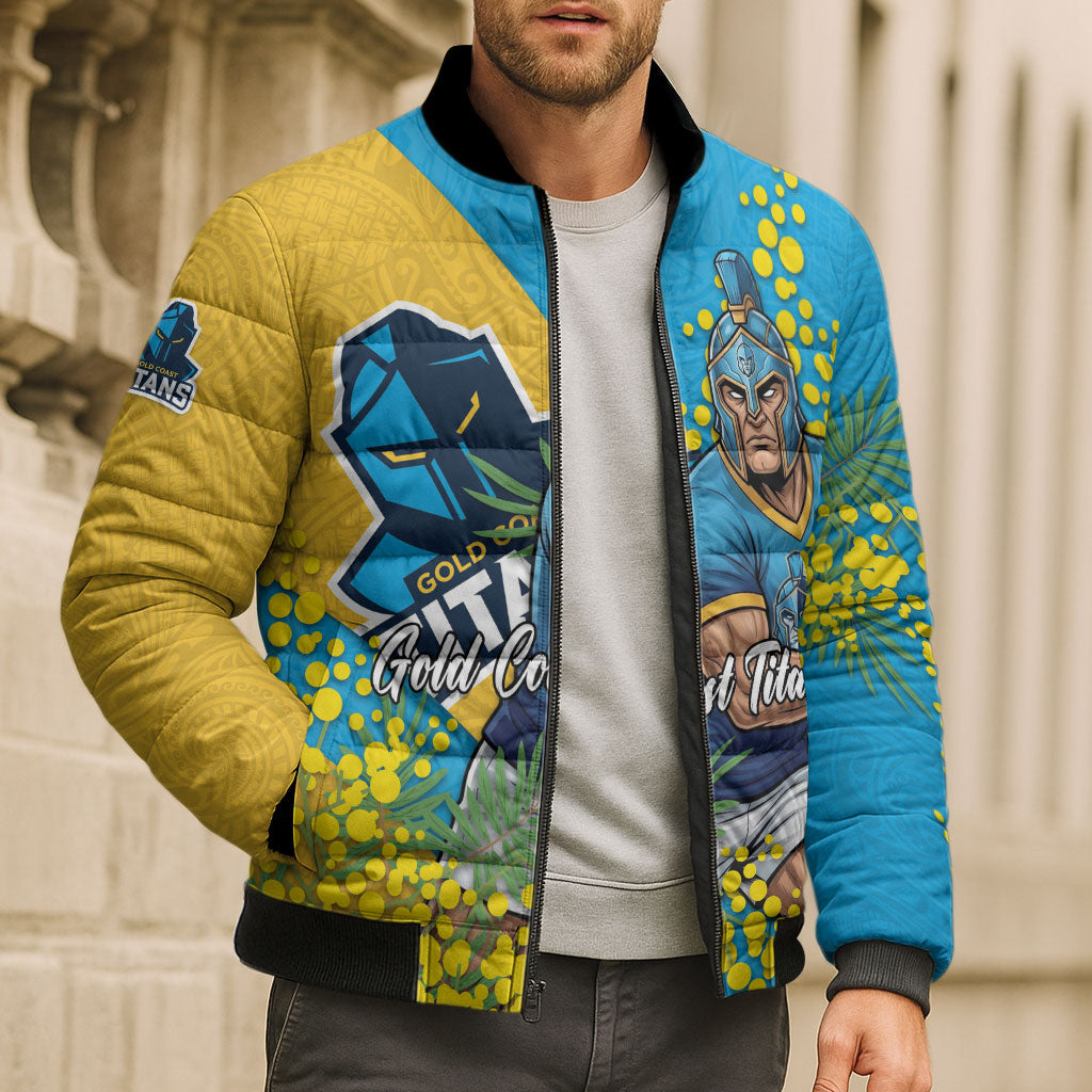 Gold Coast Titans Bomber Puffer Jacket Golden Wattle Floral Polynesian - Australian Flower - Rugby Mascot