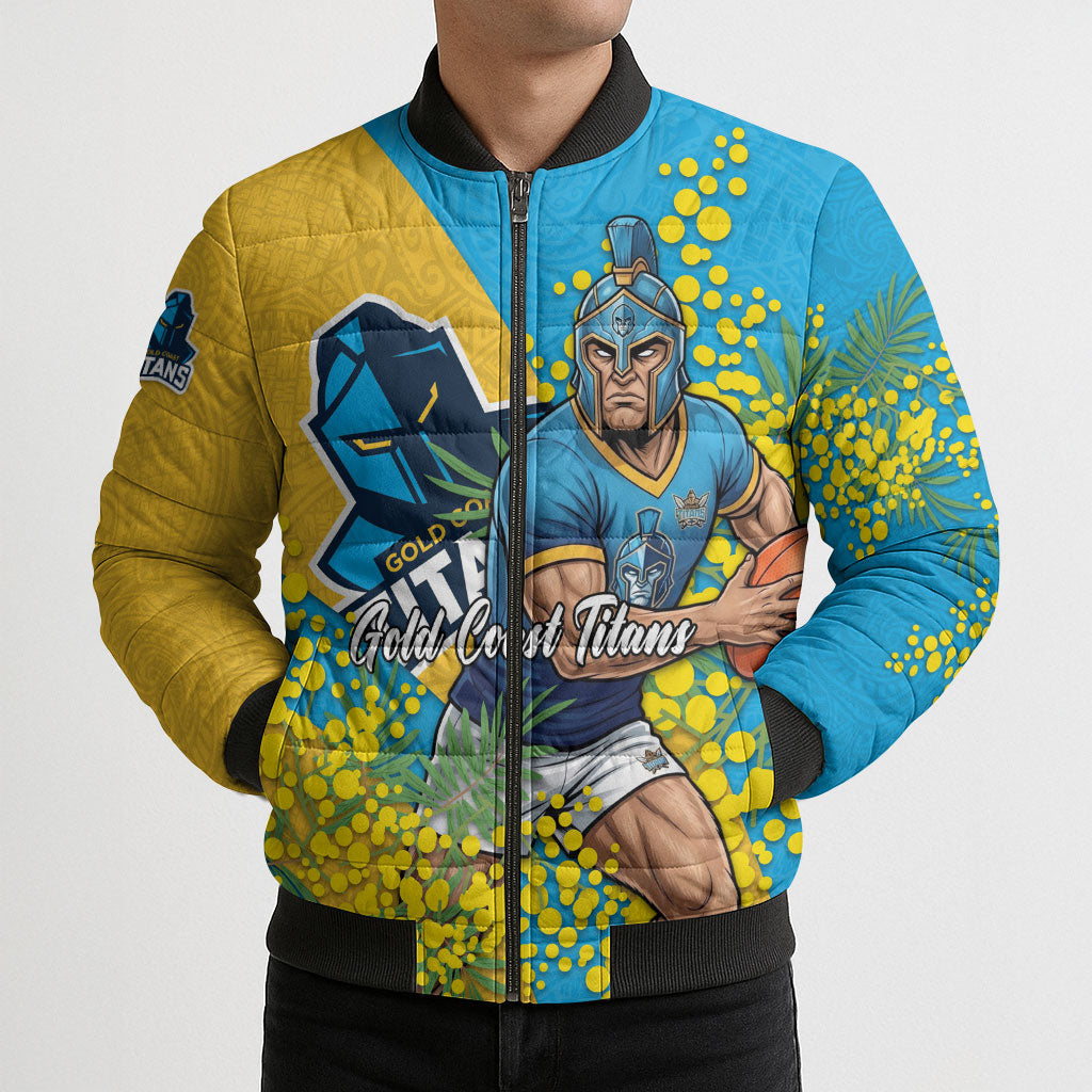 Gold Coast Titans Bomber Puffer Jacket Golden Wattle Floral Polynesian - Australian Flower - Rugby Mascot