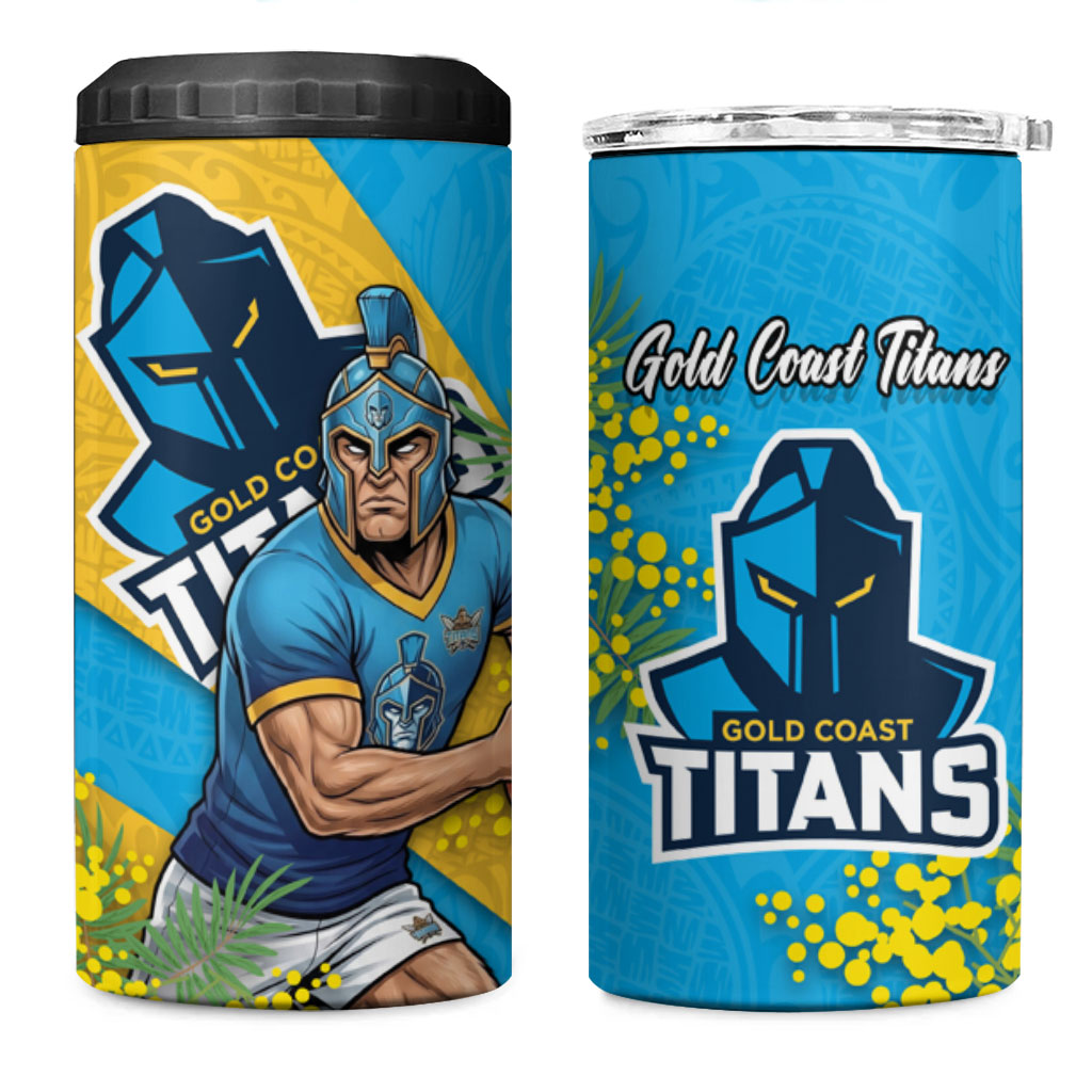 Gold Coast Titans 4 in 1 Can Cooler Tumbler Golden Wattle Floral Polynesian - Australian Flower - Rugby Mascot
