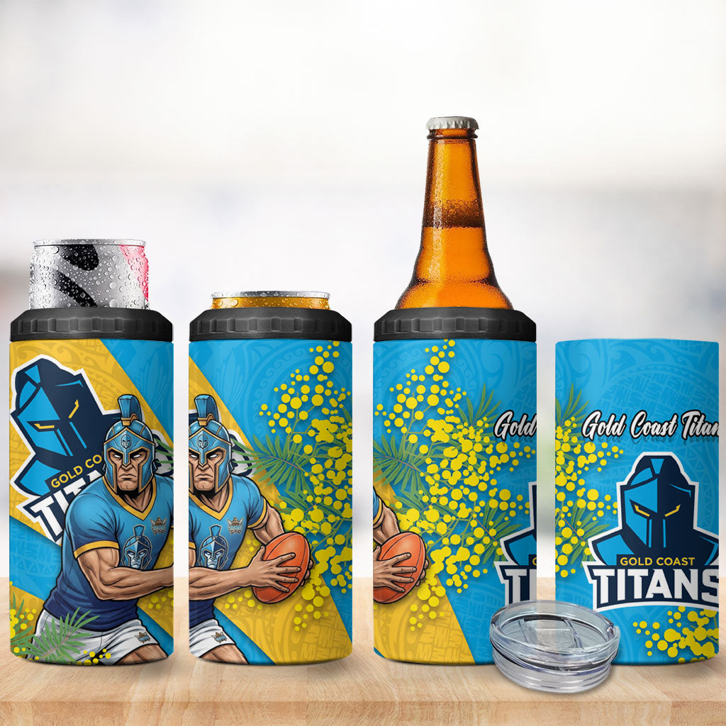 Gold Coast Titans 4 in 1 Can Cooler Tumbler Golden Wattle Floral Polynesian - Australian Flower - Rugby Mascot