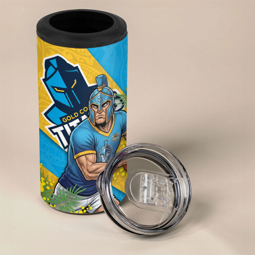 Gold Coast Titans 4 in 1 Can Cooler Tumbler Golden Wattle Floral Polynesian - Australian Flower - Rugby Mascot