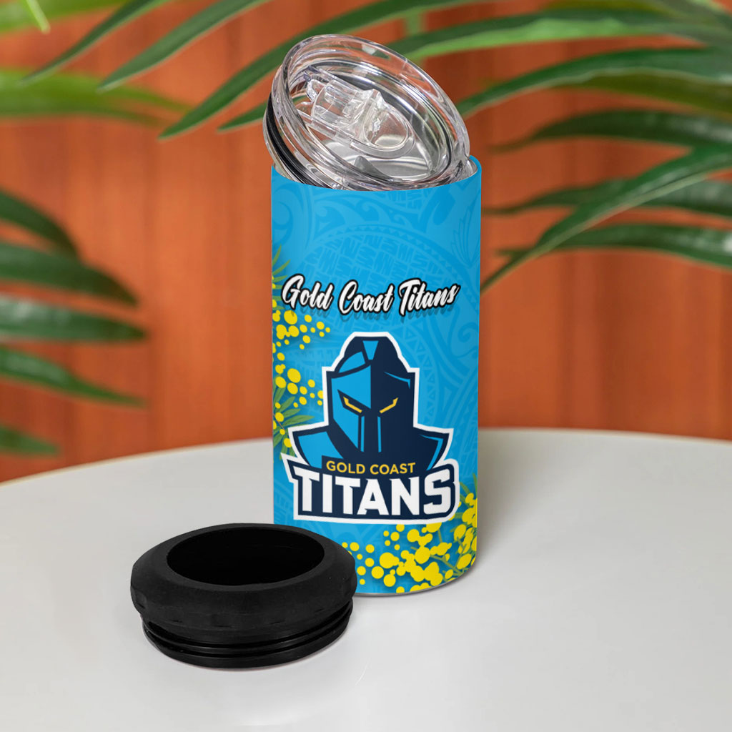 Gold Coast Titans 4 in 1 Can Cooler Tumbler Golden Wattle Floral Polynesian - Australian Flower - Rugby Mascot