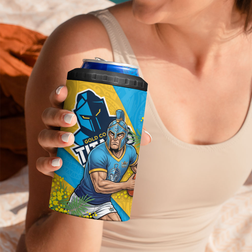 Gold Coast Titans 4 in 1 Can Cooler Tumbler Golden Wattle Floral Polynesian - Australian Flower - Rugby Mascot