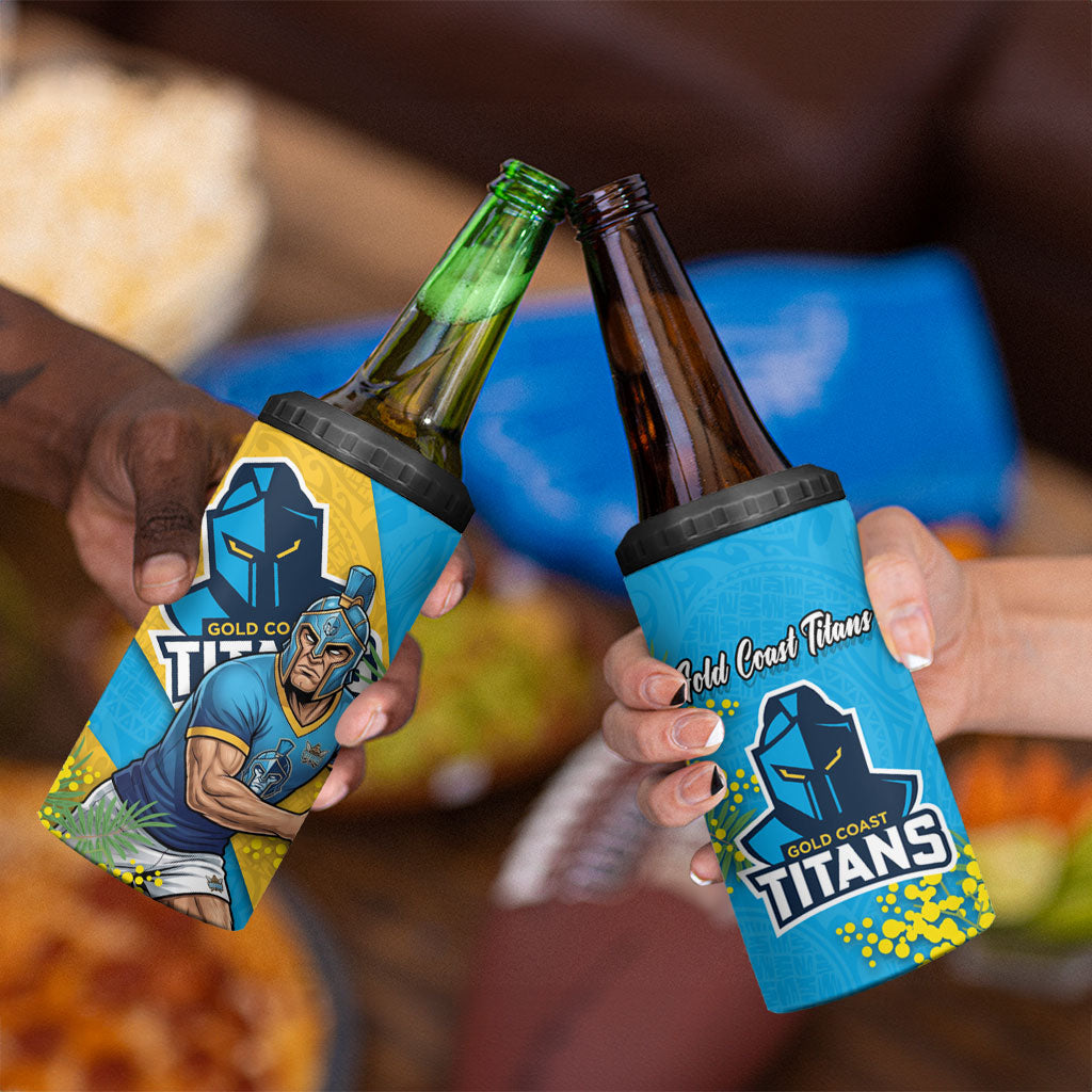 Gold Coast Titans 4 in 1 Can Cooler Tumbler Golden Wattle Floral Polynesian - Australian Flower - Rugby Mascot