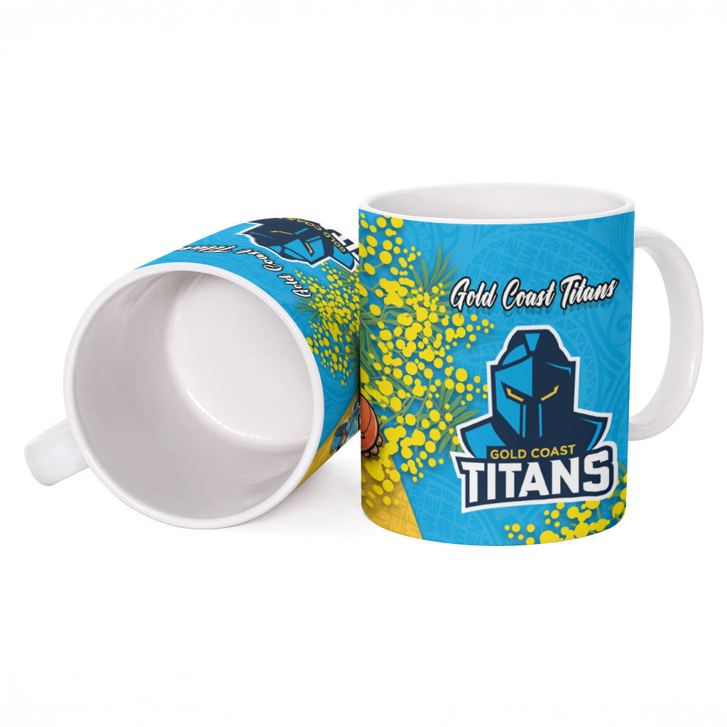 Gold Coast Titans Ceramic Mug Golden Wattle Floral Polynesian - Australian Flower - Rugby Mascot