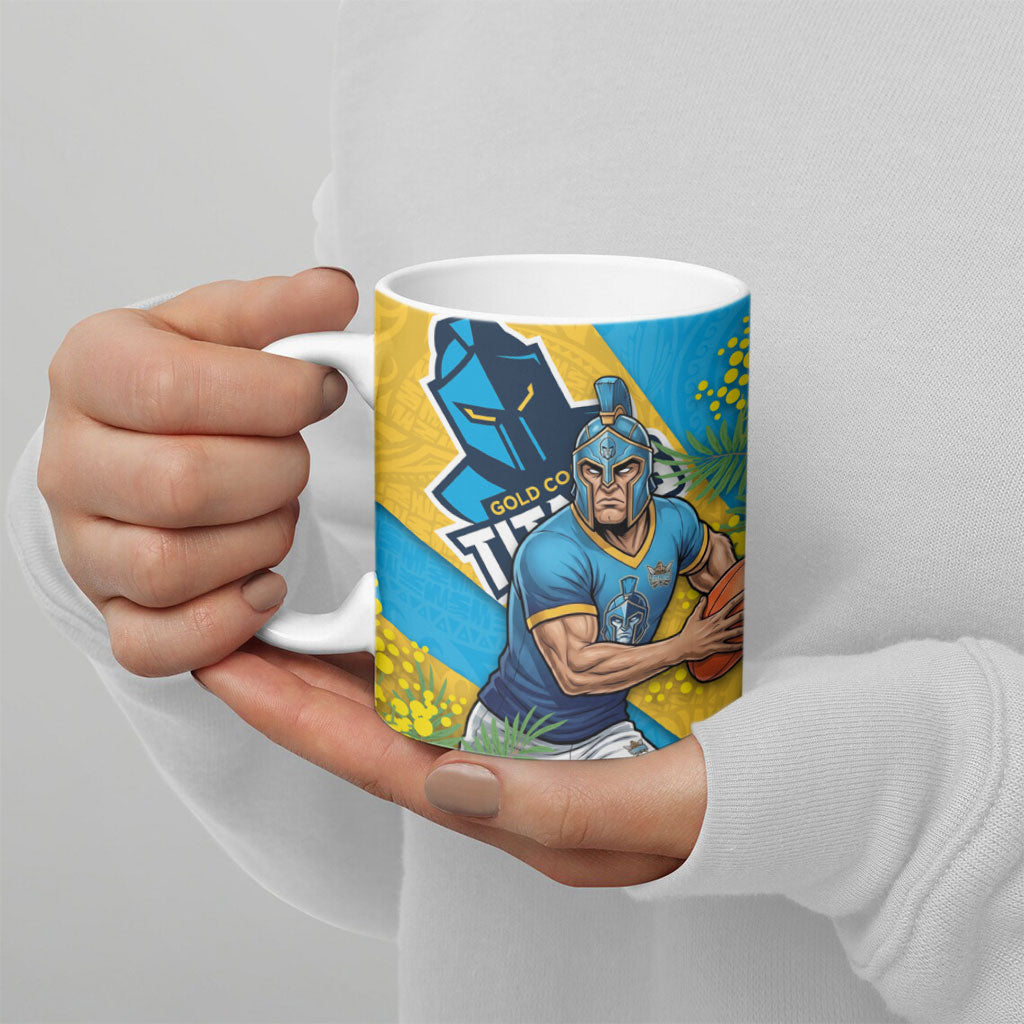 Gold Coast Titans Ceramic Mug Golden Wattle Floral Polynesian - Australian Flower - Rugby Mascot