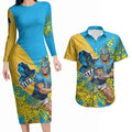 Gold Coast Titans Couples Matching Long Sleeve Bodycon Dress and Hawaiian Shirt Golden Wattle Floral Polynesian - Australian Flower - Rugby Mascot