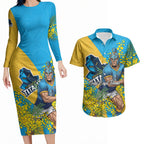 Gold Coast Titans Couples Matching Long Sleeve Bodycon Dress and Hawaiian Shirt Golden Wattle Floral Polynesian - Australian Flower - Rugby Mascot