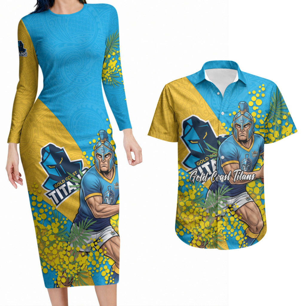 Gold Coast Titans Couples Matching Long Sleeve Bodycon Dress and Hawaiian Shirt Golden Wattle Floral Polynesian - Australian Flower - Rugby Mascot