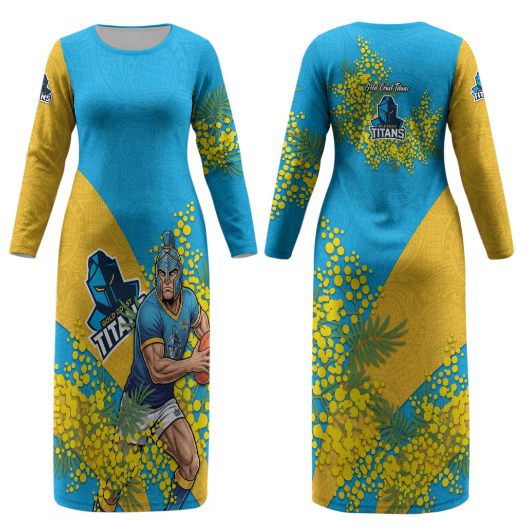 Gold Coast Titans Couples Matching Long Sleeve Bodycon Dress and Hawaiian Shirt Golden Wattle Floral Polynesian - Australian Flower - Rugby Mascot