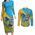 Gold Coast Titans Couples Matching Long Sleeve Bodycon Dress and Long Sleeve Button Shirt Golden Wattle Floral Polynesian - Australian Flower - Rugby Mascot