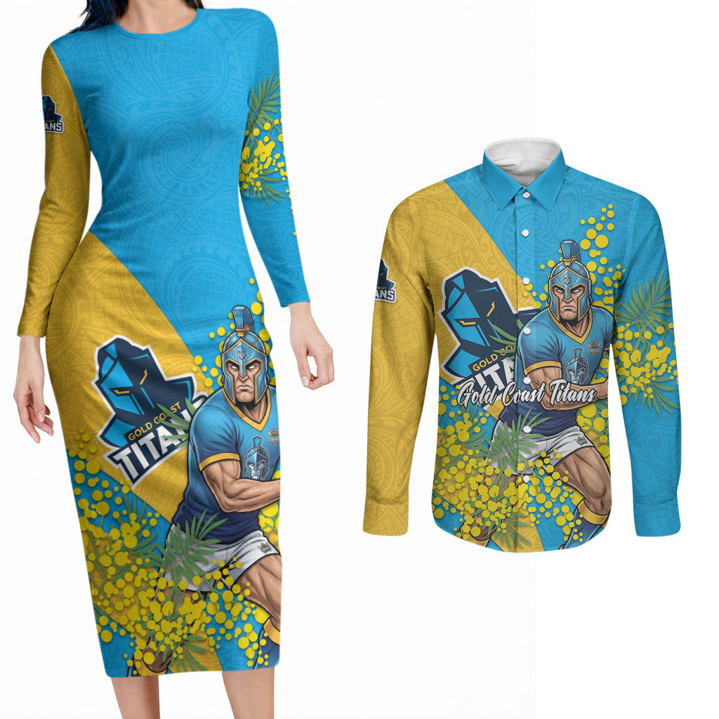 Gold Coast Titans Couples Matching Long Sleeve Bodycon Dress and Long Sleeve Button Shirt Golden Wattle Floral Polynesian - Australian Flower - Rugby Mascot