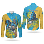 Gold Coast Titans Couples Matching Long Sleeve Bodycon Dress and Long Sleeve Button Shirt Golden Wattle Floral Polynesian - Australian Flower - Rugby Mascot