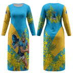 Gold Coast Titans Couples Matching Long Sleeve Bodycon Dress and Long Sleeve Button Shirt Golden Wattle Floral Polynesian - Australian Flower - Rugby Mascot