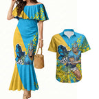 Gold Coast Titans Couples Matching Mermaid Dress and Hawaiian Shirt Golden Wattle Floral Polynesian - Australian Flower - Rugby Mascot